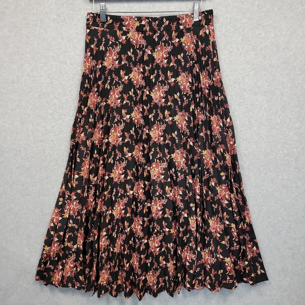MAX STUDIO Pleated Floral Maxi Skirt Sz Small Black Red Pull On Waist‎ Lined
